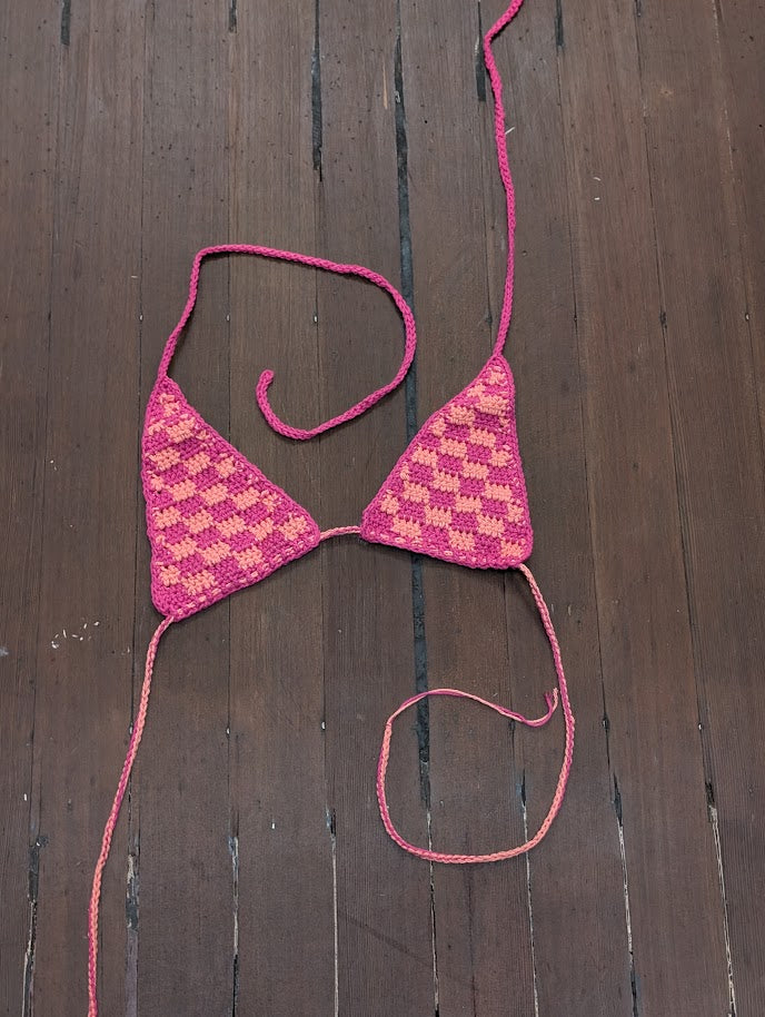 Pink Checkered Crocheted Bikini Top - Perfect for festivals or raves!